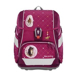 2in1PLUS von Step by Step: Pinke Schultasche mit weißen Linien, Pferde-Anhänger und Pferde-Magneten, Modell für pferdebegeisterte Kinder.