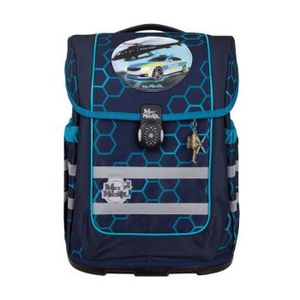 COMPACTO von McNeill: Dunkelblauer Schulrucksack mit türkisem Wabenmuster und einem Polizeiauto-Polizeihubschrauber-Patch auf dem Deckel. Reflektierende Streifen sorgen für Sichtbarkeit, ein kleiner Hubschrauber-Anhänger ziert den Reißverschluss.
