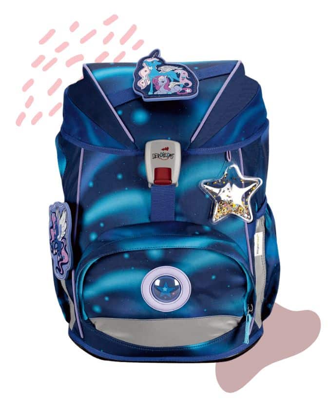 Das Schultaschenmodell Ergoflex der Marke Der Die Das. Mit Pferdchen und Stern-Anhänger auf blauem Untergrund.