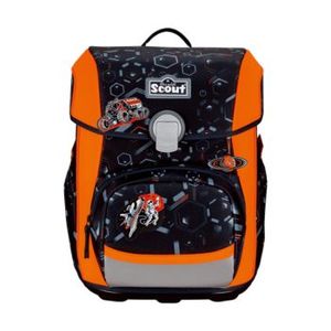Schwarzer Schulrucksack mit orangefarbenen Akzenten und Weltallmotiven, Marke Scout.