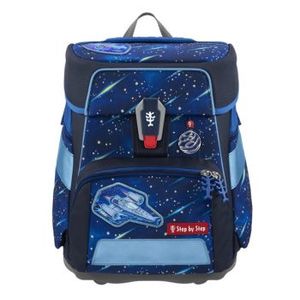 SPACE von Step by Step: Blauer Schulrucksack mit Raumschiff-Magnet und Sternenmotiven.